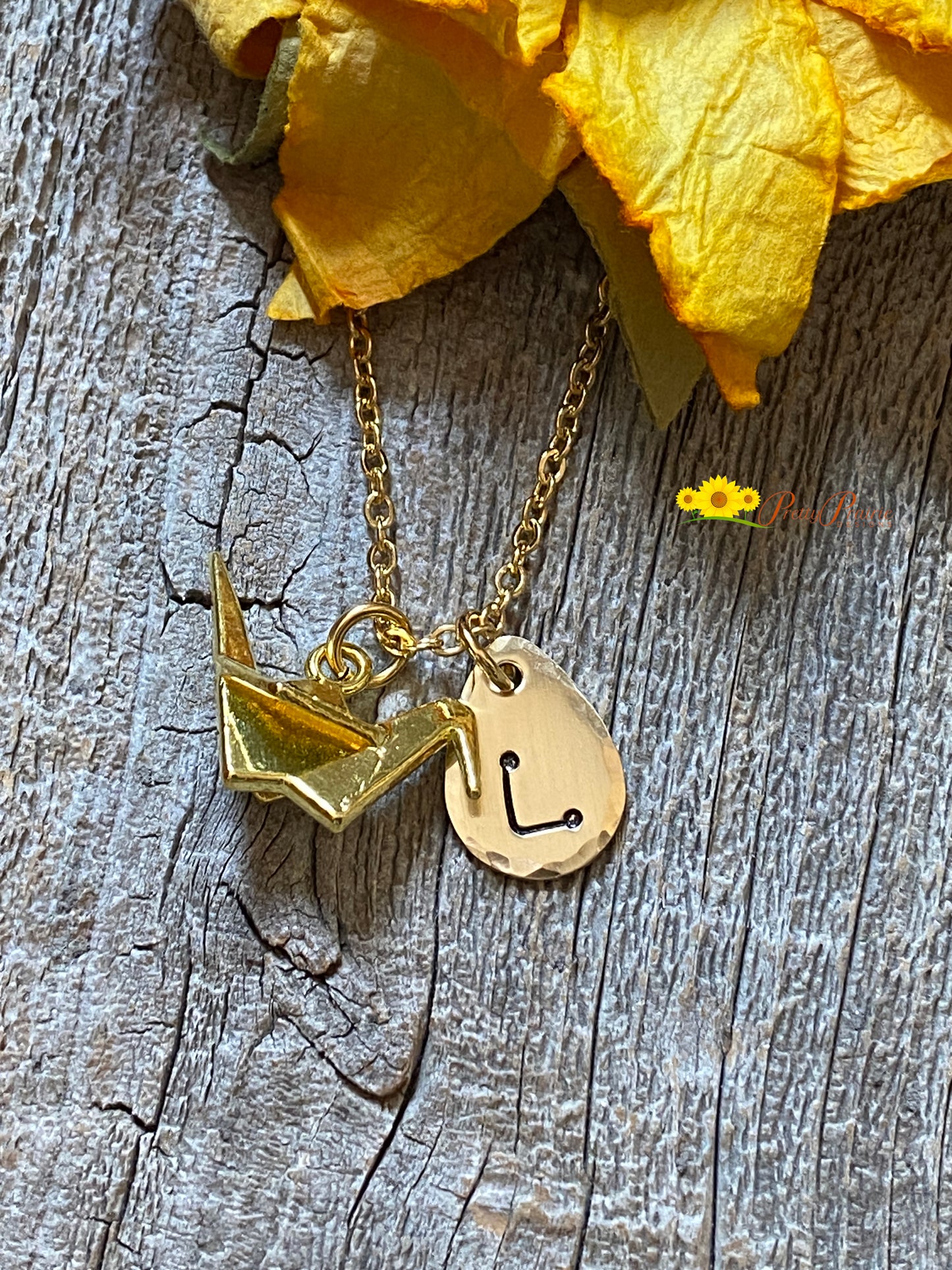 Large Paper Crane Necklace, Gold Crane Jewelry, Origami Paper Crane, Gold Crane Initial Necklace, Friendship Gift, Personalized Crane Gift