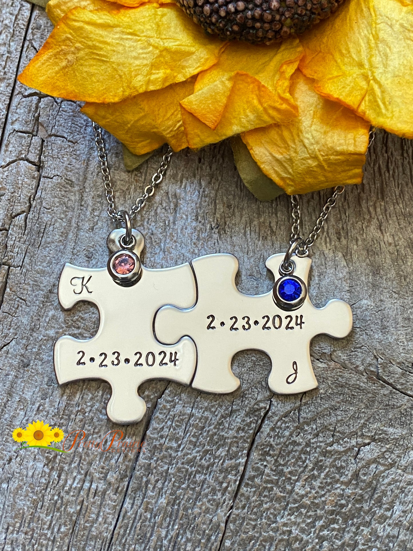 Stainless Date and Initial Puzzle Piece Necklace Set, Personalized Puzzle Jewelry, Memorial Necklaces, Anniversary, Engagement Gift, Wedding Gift, Wedding Party