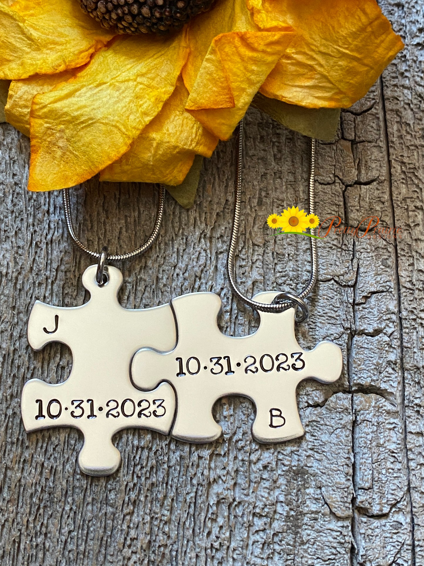 Stainless Date and Initial Puzzle Piece Necklace Set, Personalized Puzzle Jewelry, Memorial Necklaces, Anniversary, Engagement Gift, Wedding Gift, Wedding Party