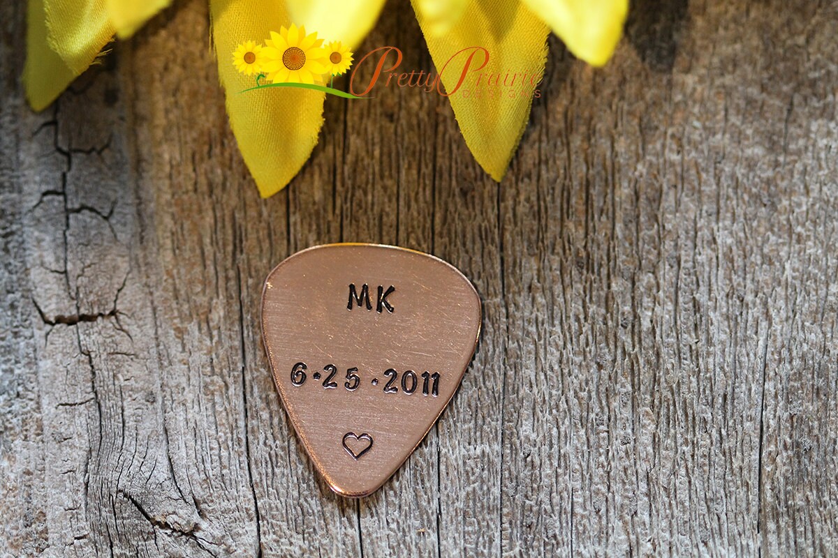 Initial and Date Guitar Pick, Anniversary Gift, Hand Stamped Pick, Engraved Guitar Pick, Retirement Gift, Personalized Pick, Metal Pick