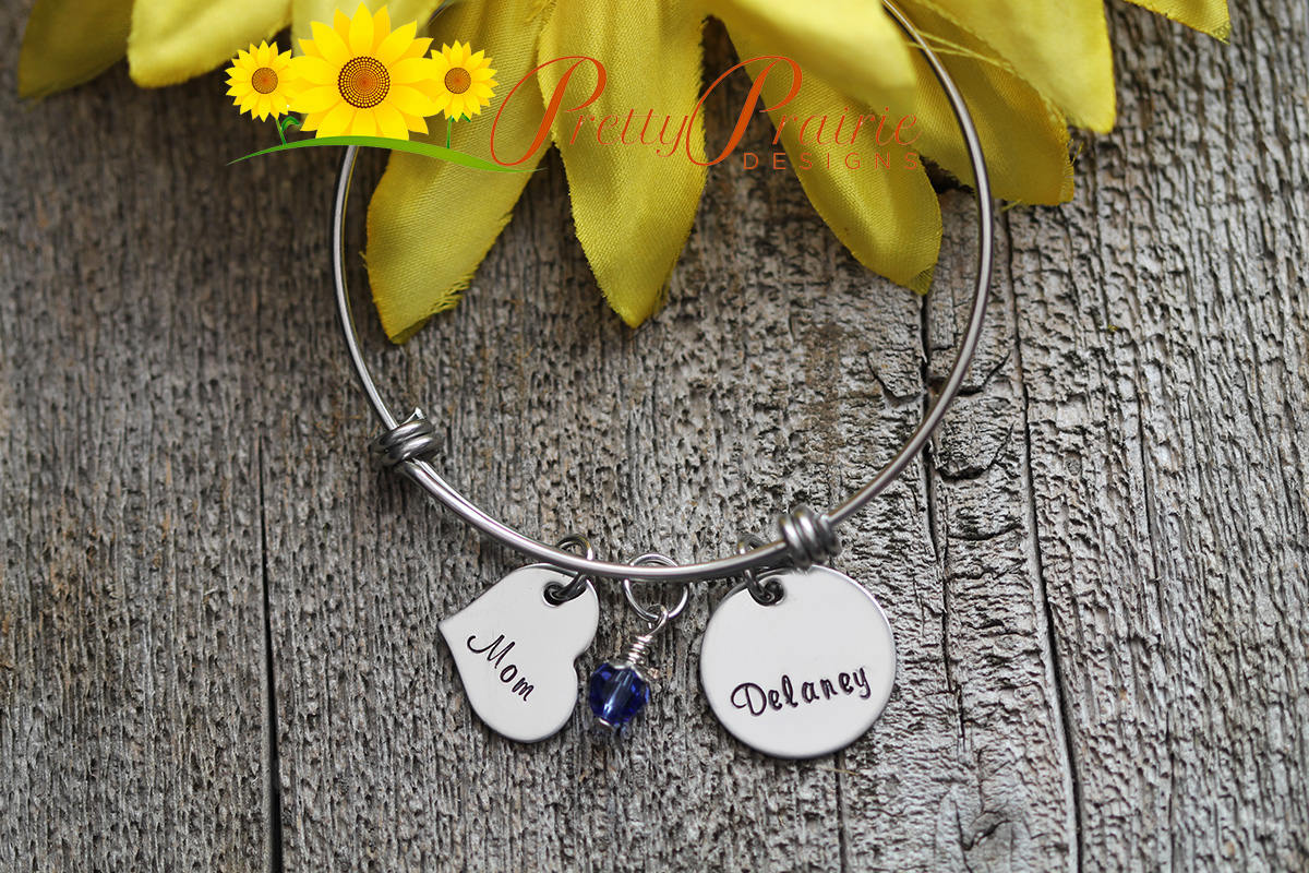 Mother's Personalized Bangle, Hand Stamped Jewelry, New Mother Gift, Custom Bracelet, Swarovsky Birthstones , Mother's Day, Adoption Gift