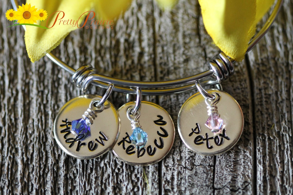 Personalized Aluminum Disc Bangle, Gift for Mom, Grandmother, Teen, Engagement, Adjustable Charm Bracelet, Birthstones, Family Bangle