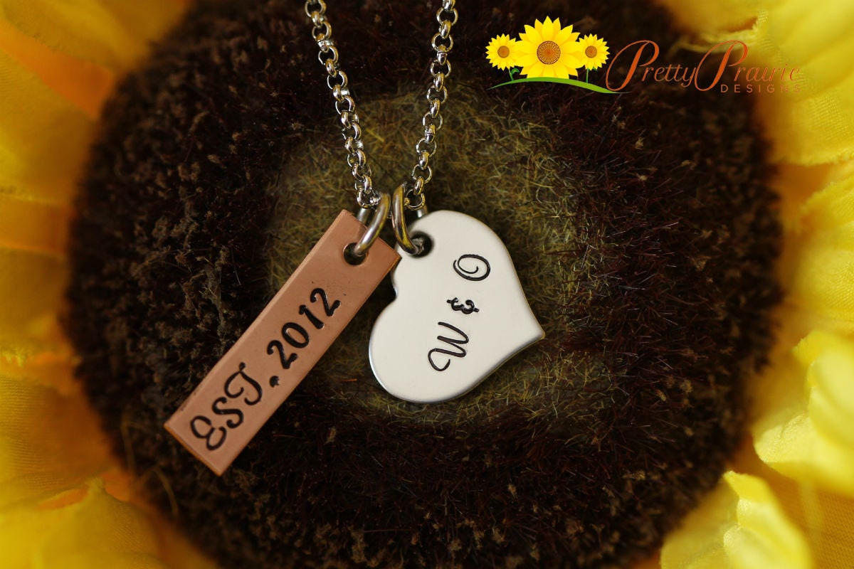 Mixed Metal Anniversary Necklace, Hand Stamped Jewelry for Her, Handmade Anniversary Jewelry, Valentine Present, Girlfriend Gift, Copper and Silver Initial Necklace, Personalized Heart Necklace