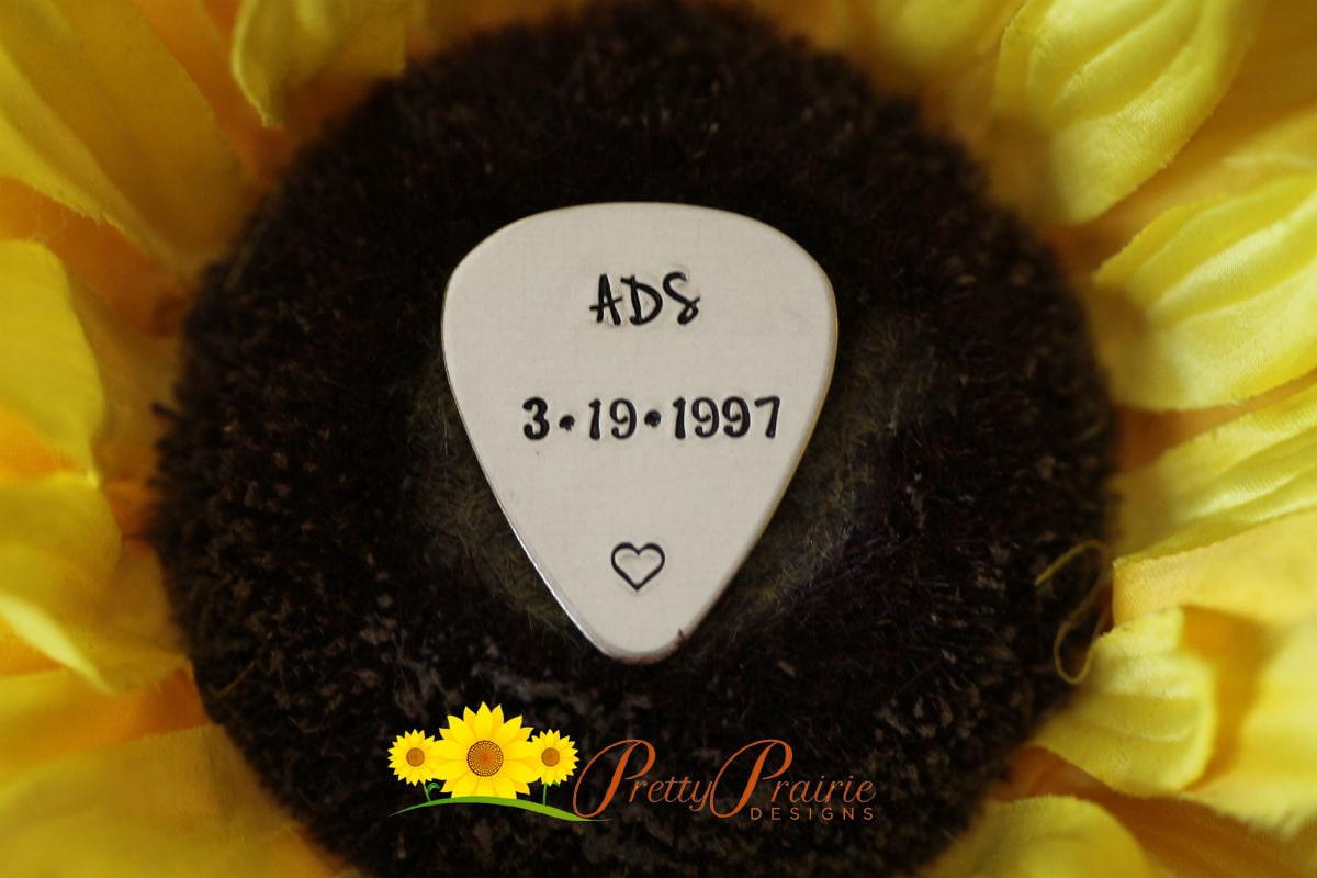 Initial and Date Guitar Pick, Anniversary Gift, Hand Stamped Pick, Engraved Guitar Pick, Retirement Gift, Personalized Pick, Metal Pick