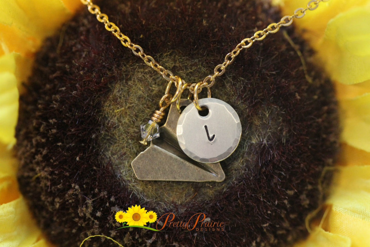 Bronze Paper Plane Initial Necklace, Flight Attendant Gift, Plane Charm, Pilot, Traveler, Graduation, Paper Airplane Necklace, Hand Stamped