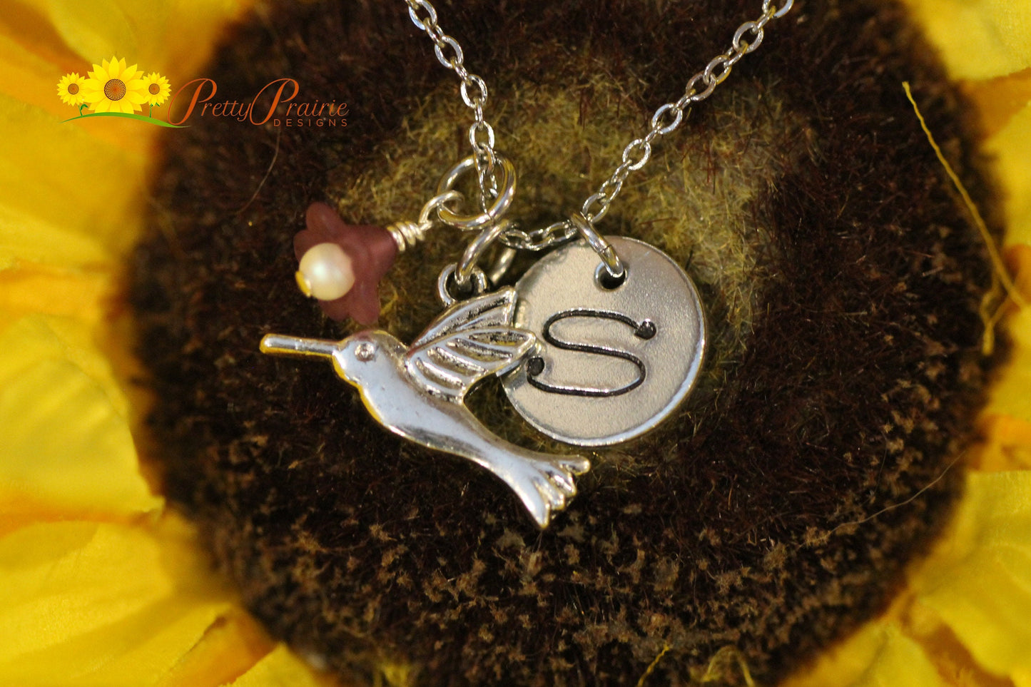 Hummingbird Initial Necklace, Flower Jewelry, Silver Initial Jewelry, Bird Lover Gift, Teen Necklace, Hummingbird Gift, Hummingbird Jewelry