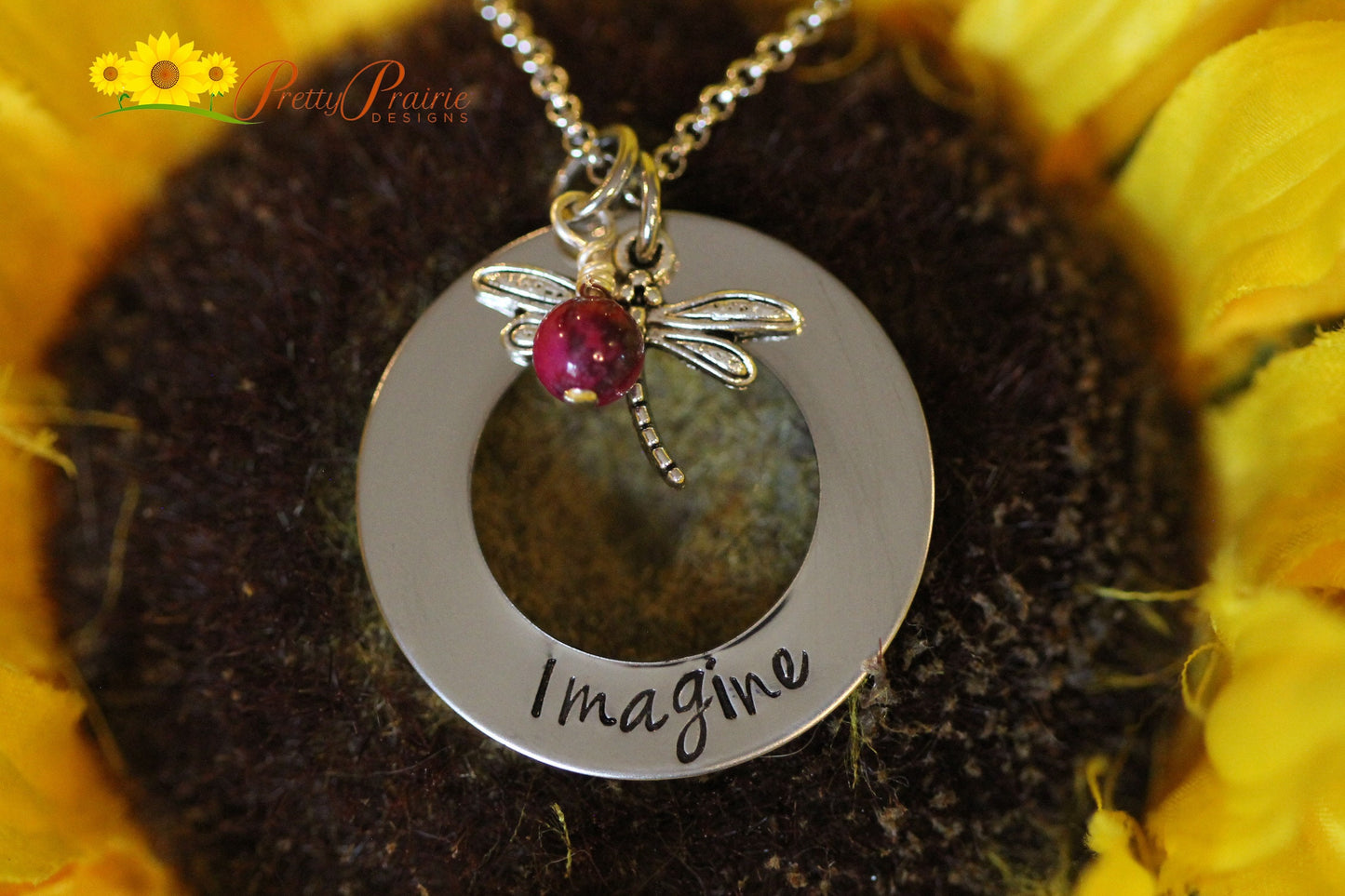 Imagine Dragonfly Necklace, Washer Necklace, Graduation Gift, Hand Stamped, Dragonfly Jewelry, Artist Gift, Meaning of Life, Transformation