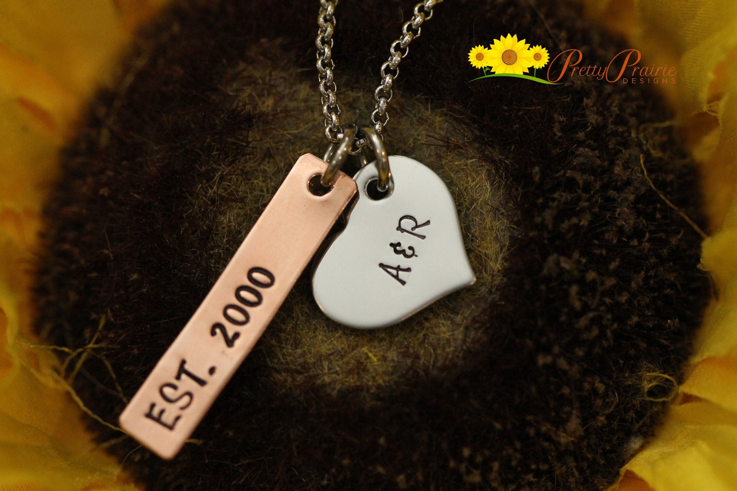 Mixed Metal Anniversary Necklace, Hand Stamped Jewelry for Her, Handmade Anniversary Jewelry, Valentine Present, Girlfriend Gift, Copper and Silver Initial Necklace, Personalized Heart Necklace