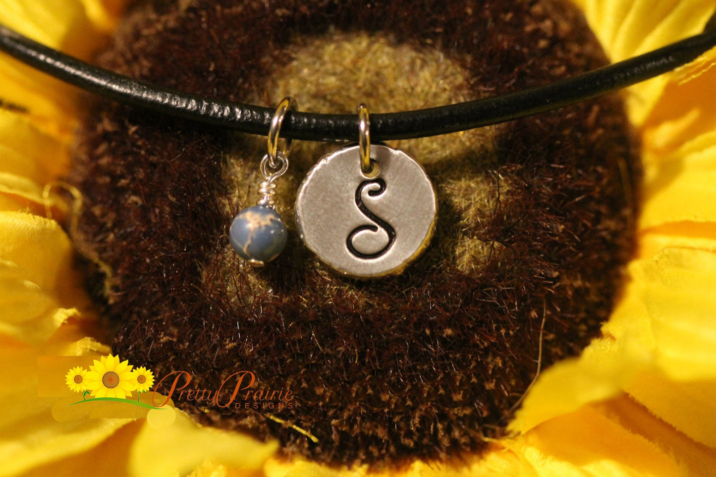 Pewter Initial Necklace, Pewter Coin Jewelry, Hand Stamped, Gemstone Bead Jewelry, Initial Necklace, Gift for Teen, Personalized Jewelry