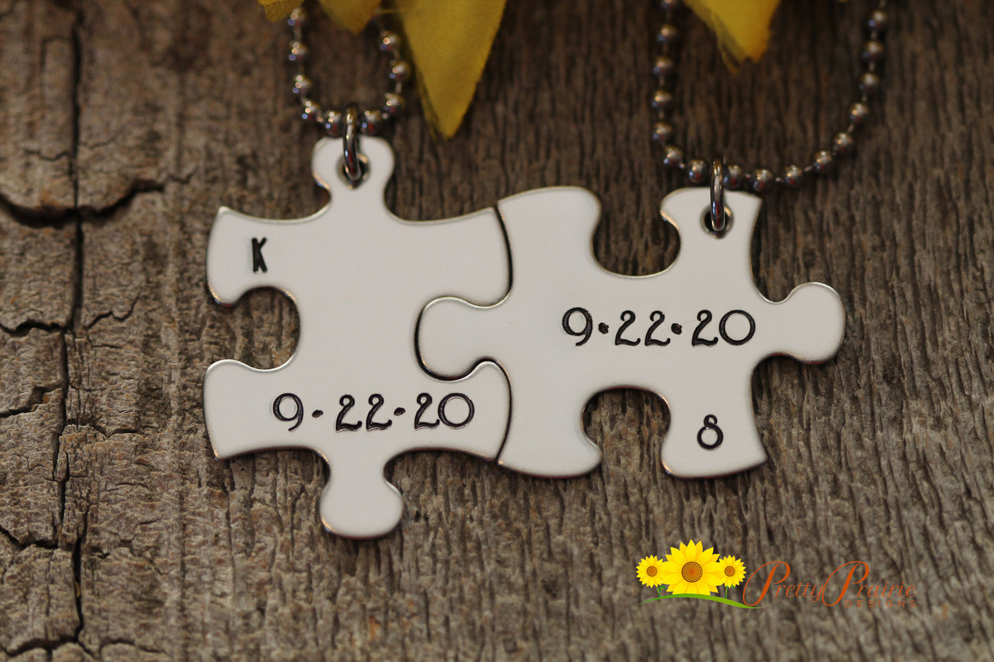 Stainless Date and Initial Puzzle Piece Necklace Set, Personalized Puzzle Jewelry, Memorial Necklaces, Anniversary, Engagement Gift, Wedding Gift, Wedding Party