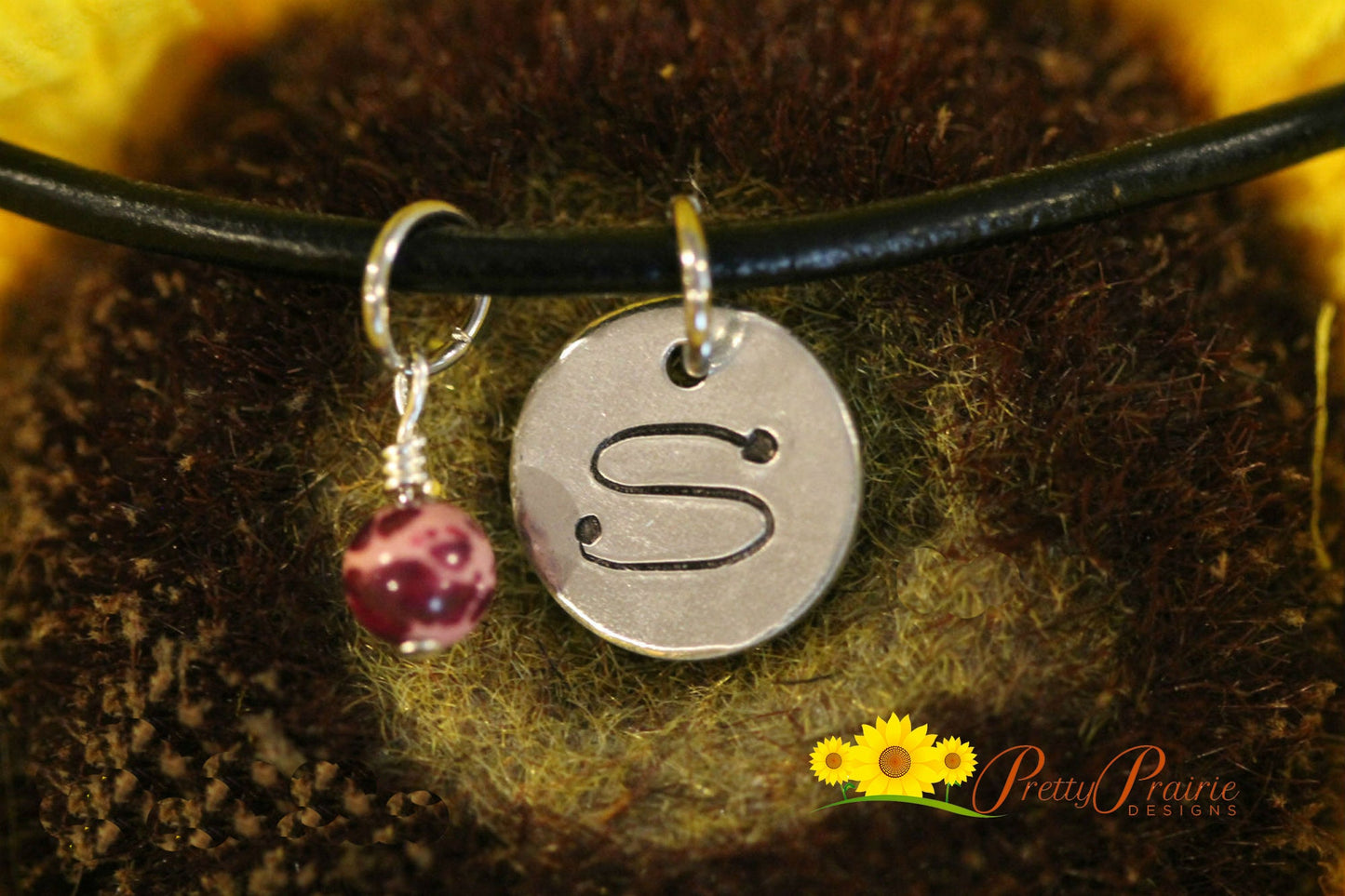 Pewter Initial Necklace, Pewter Coin Jewelry, Hand Stamped, Gemstone Bead Jewelry, Initial Necklace, Gift for Teen, Personalized Jewelry