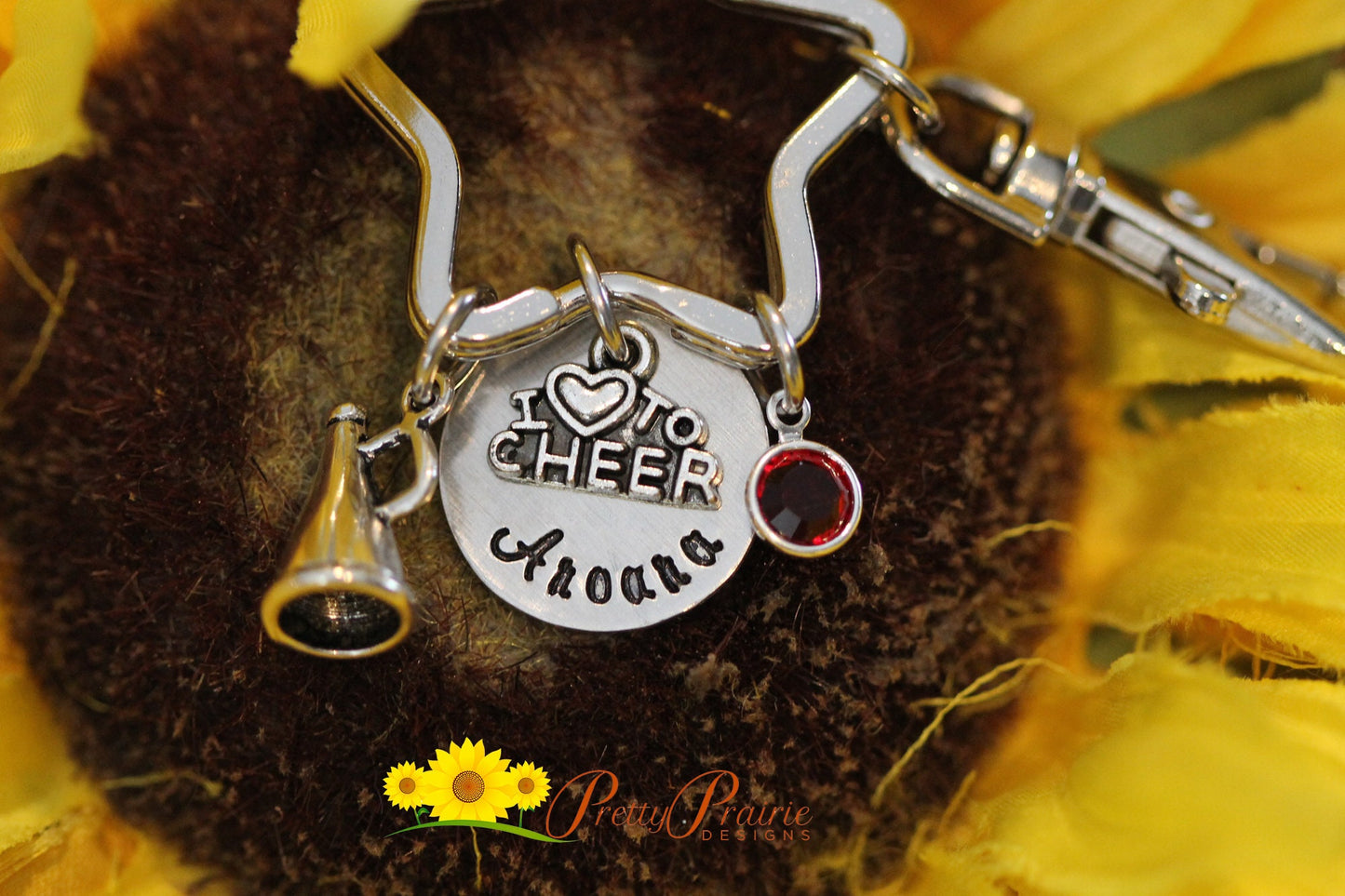 I Love to Cheer Keychain, Cheer Backpack Tag, Megaphone Keychain, Cheer Squad Gift, Cheer Mom or Dad, Cheer Gift, Hand Stamped, Personalized