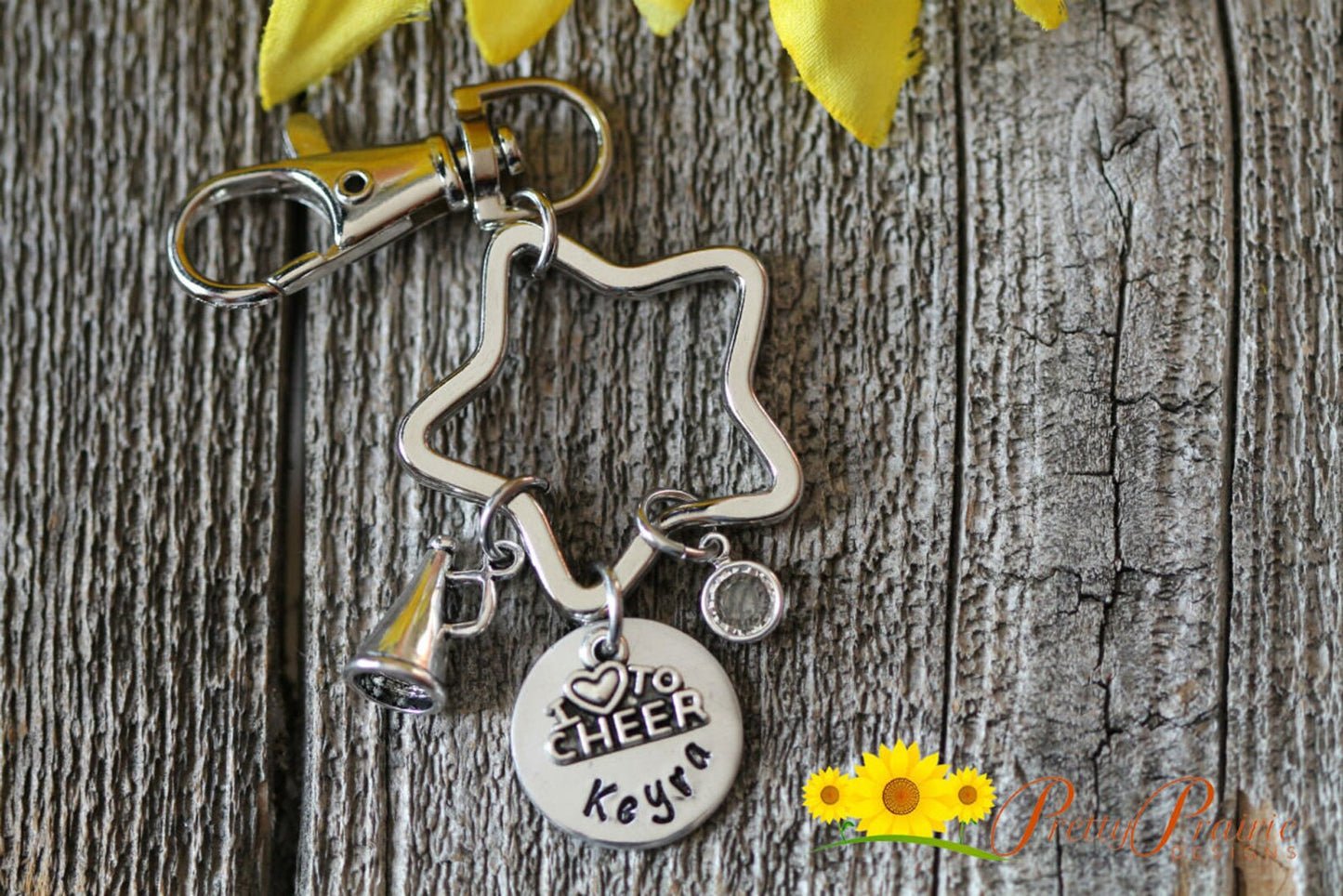 I Love to Cheer Keychain, Cheer Backpack Tag, Megaphone Keychain, Cheer Squad Gift, Cheer Mom or Dad, Cheer Gift, Hand Stamped, Personalized