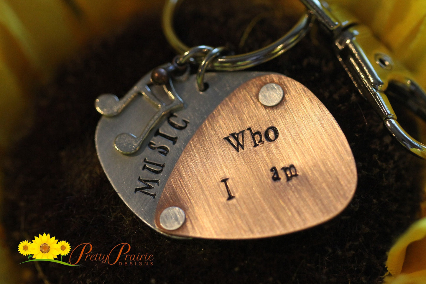 Music Who I Am Guitar Pick Keychain, Music Keychain, Music Lover Gift, Gift for Guitarist, Band Member Present, Hand Stamped Music Gift