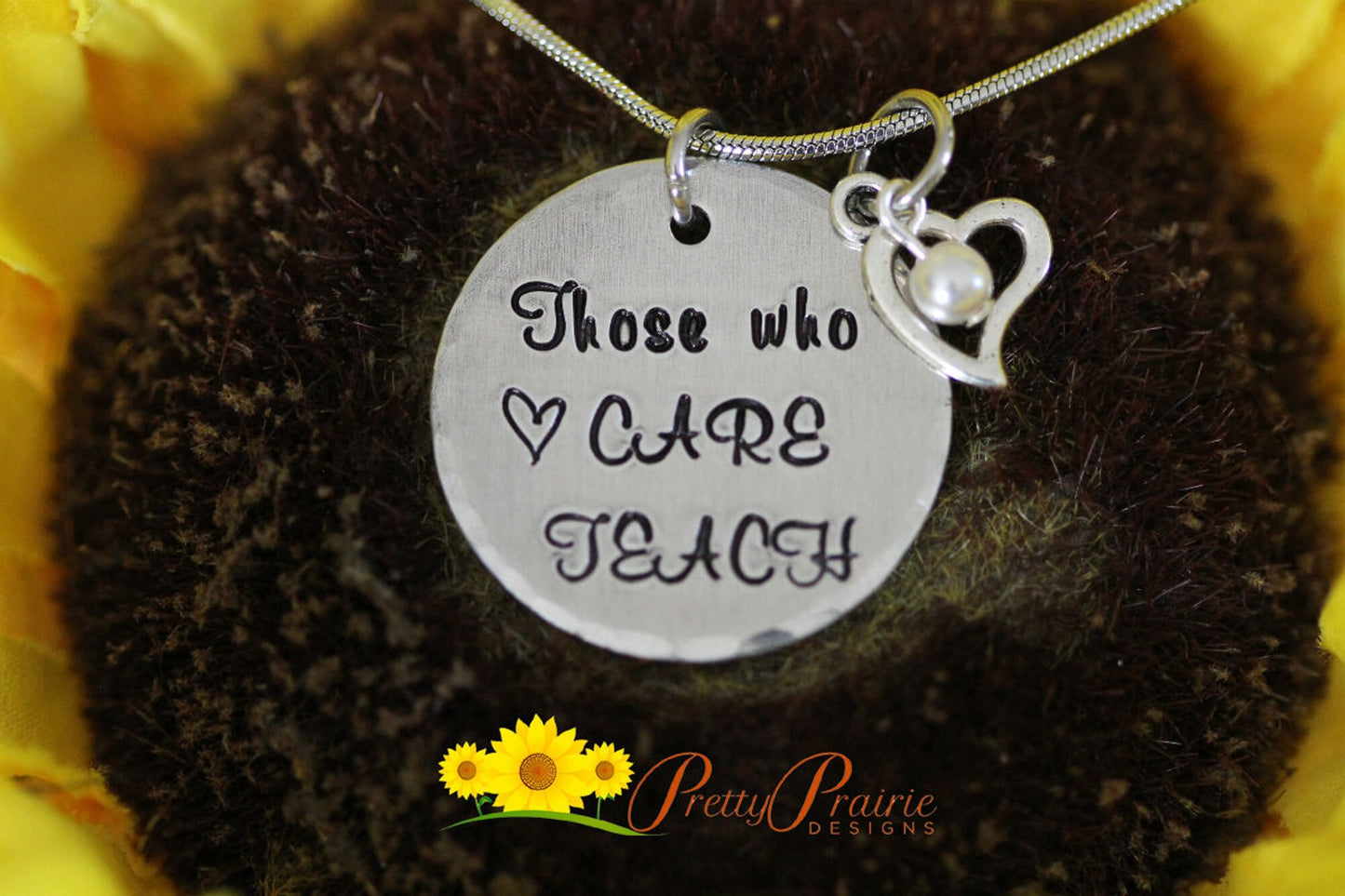 Those Who Care Teach Clam Shell Necklace, Teacher Appreciation Gift, Hand Stamped, Student Teacher Present, Hidden Message Necklace