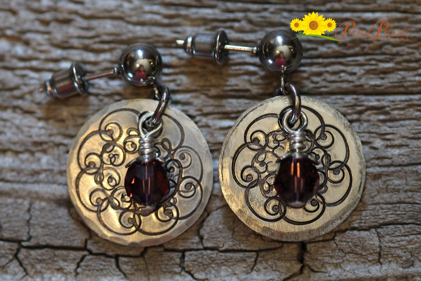 Silver Floral Birthstone Dangle Earrings, Hand Stamped Metal Jewelry, Gift for Birthday, Teen or Wife Gift, Floral Earrings, Wedding Jewelry