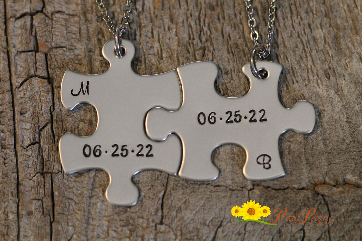 Stainless Date and Initial Puzzle Piece Necklace Set, Personalized Puzzle Jewelry, Memorial Necklaces, Anniversary, Engagement Gift, Wedding Gift, Wedding Party