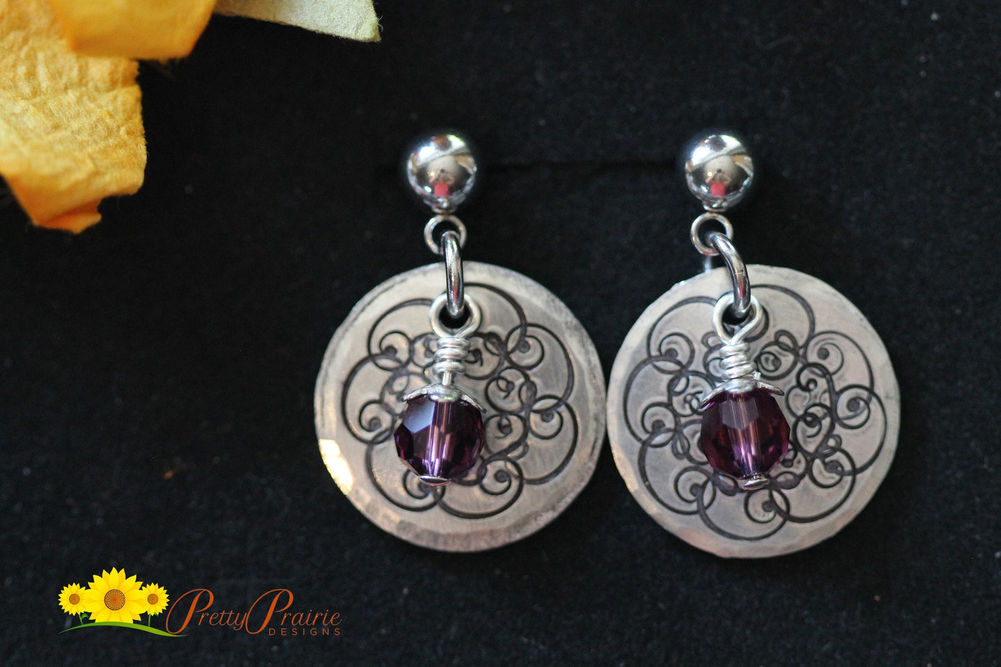 Silver Floral Birthstone Dangle Earrings, Hand Stamped Metal Jewelry, Gift for Birthday, Teen or Wife Gift, Floral Earrings, Wedding Jewelry
