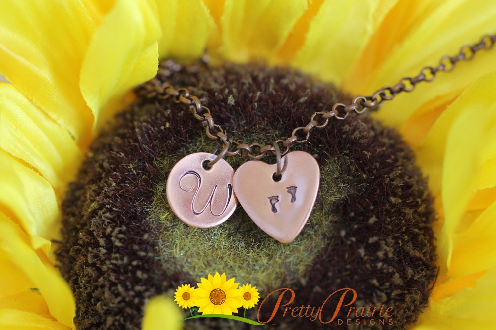 New Baby Initial Necklace, New Mom Gift, Baptism Gift, Mother's Day Present, Footprint Jewelry, Copper Heart, Hand Stamped, Gotcha Necklace