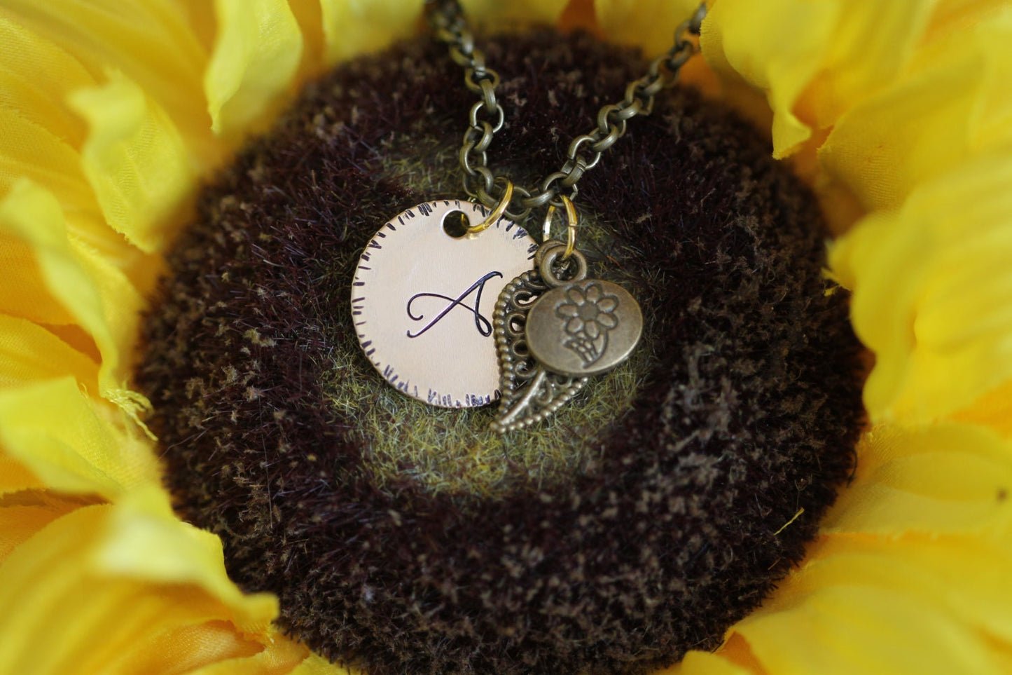 Nature Lover Initial Necklace, Camper Necklace, Leaf and Flower Jewelry, Hiker Jewelry, Gardener Gift, Brass Flower Necklace, Mother's Day Jewelry, Love to Garden Gift