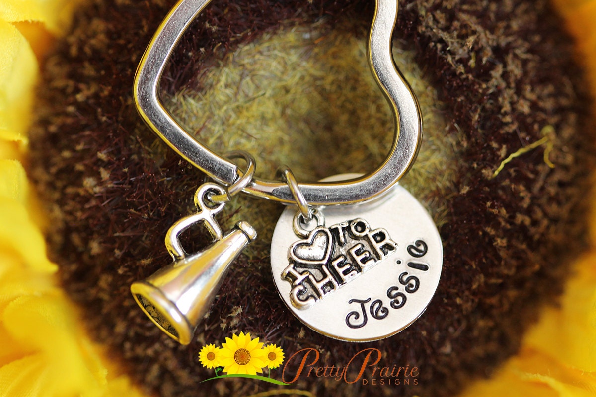 I Love to Cheer Keychain, Cheer Backpack Tag, Megaphone Keychain, Cheer Squad Gift, Cheer Mom or Dad, Cheer Gift, Hand Stamped, Personalized