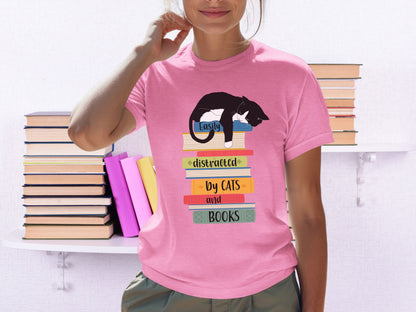 Cats and Books T-shirt, Distracted by Cats and Books Shirt, Cat Dad Shirt, Cat Mom Gift, Shirt for Cat Lovers, Librarian Gift, Reader Shirt