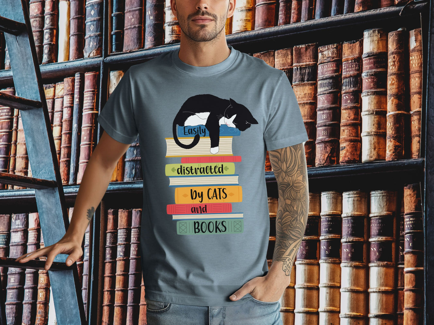 Cats and Books T-shirt, Distracted by Cats and Books Shirt, Cat Dad Shirt, Cat Mom Gift, Shirt for Cat Lovers, Librarian Gift, Reader Shirt