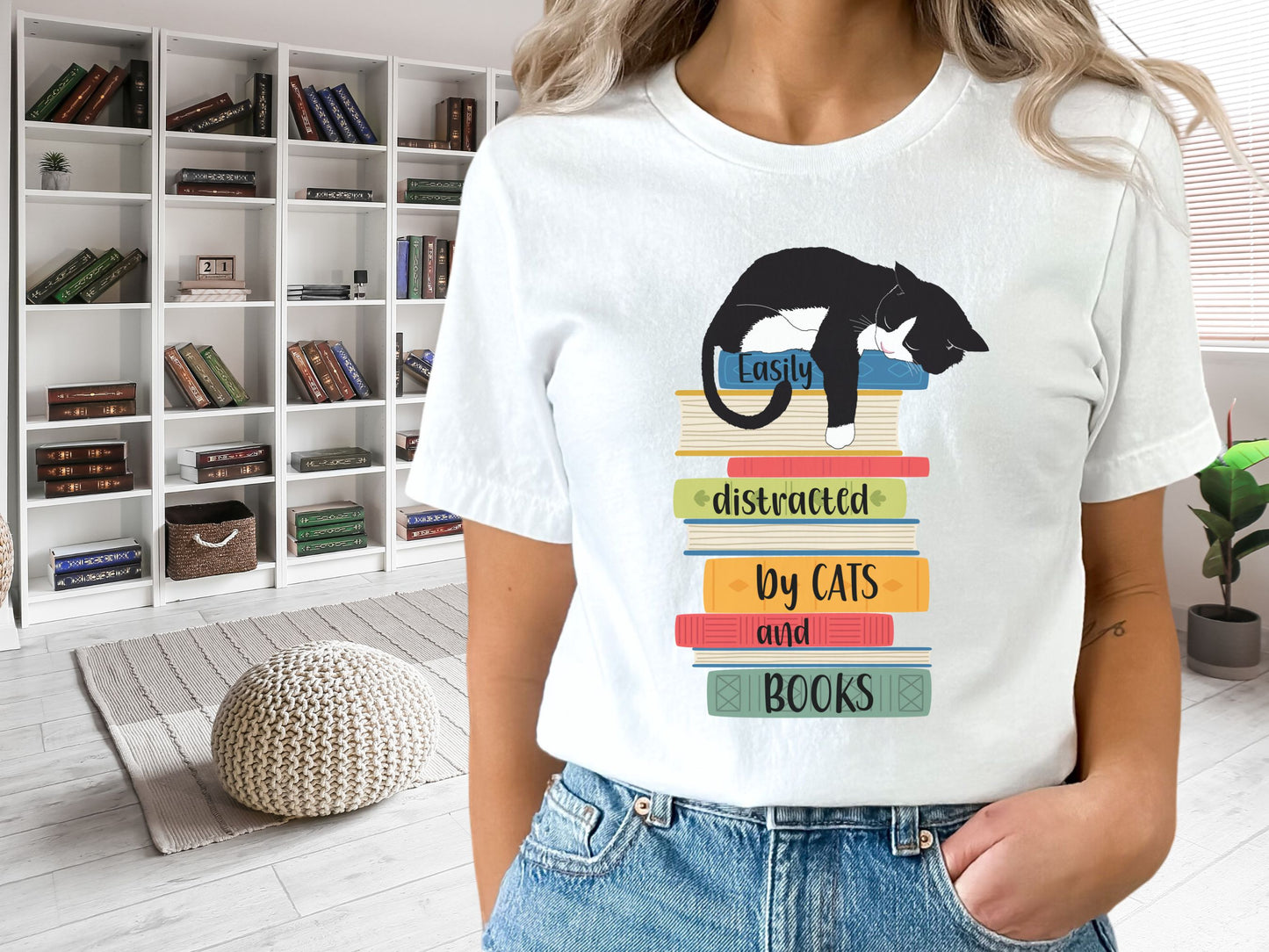 Cats and Books T-shirt, Distracted by Cats and Books Shirt, Cat Dad Shirt, Cat Mom Gift, Shirt for Cat Lovers, Librarian Gift, Reader Shirt