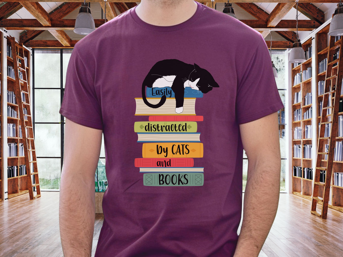 Cats and Books T-shirt, Distracted by Cats and Books Shirt, Cat Dad Shirt, Cat Mom Gift, Shirt for Cat Lovers, Librarian Gift, Reader Shirt