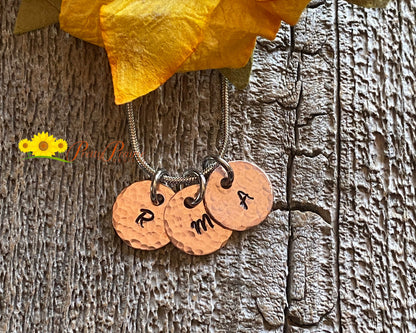 Copper Hammered Initial Necklace, Hand Stamped Discs, Personalized Disc Necklace, Custom Initial Necklace, Hammered Discs, Textured Initial Jewelry