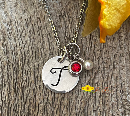 Silver Initial with Pearl and Birthstone Necklace, Anniversary Gift, Initial Charm Jewelry, Simple Letter Necklace, Teen Birthday Gift