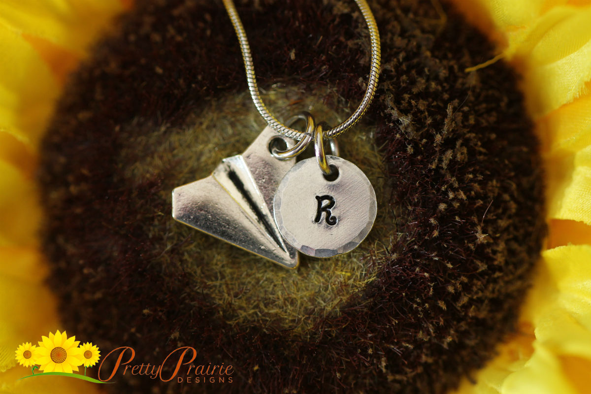 Silver Initial Paper Plane Necklace, Hand Stamped, Airplane Jewelry, Personalized, Graduation, Origami Plane Charm, Pilot, Traveler Gift