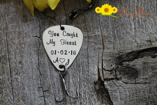You Caught My Heart Fishing Lure, Initial Lure, Anniversary Gift for Fisherman, Hand Stamped Fish Hook, Custom Fishing Lure, Fishing Gift