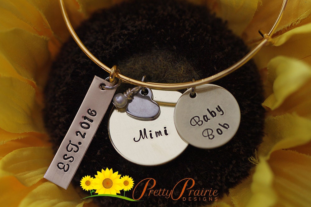 New Baby Bangle, Baby Name Bracelet, Mother or Grandma Gift, Personaloized, Hand Stamped Jewelry, Custom Bangle, Adoption or Gotcha Gift