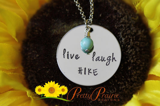 Live Laugh Hike Necklace, Hiker Keychain, Gemstone Bead, Love to Hike Jewelry, Gift for Hiker, Nature Jewelry, Nature Lover, Hiker Present
