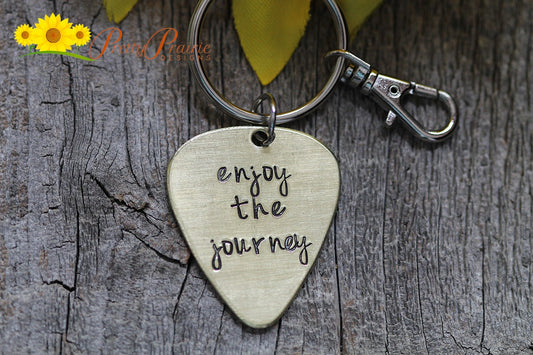 Enjoy the Journey Guitar Pick Keychain, Graduation Gift, Music Teacher, Band Member, Guitarist Gift, Hand Stamped, Custom, Music Lover Gift