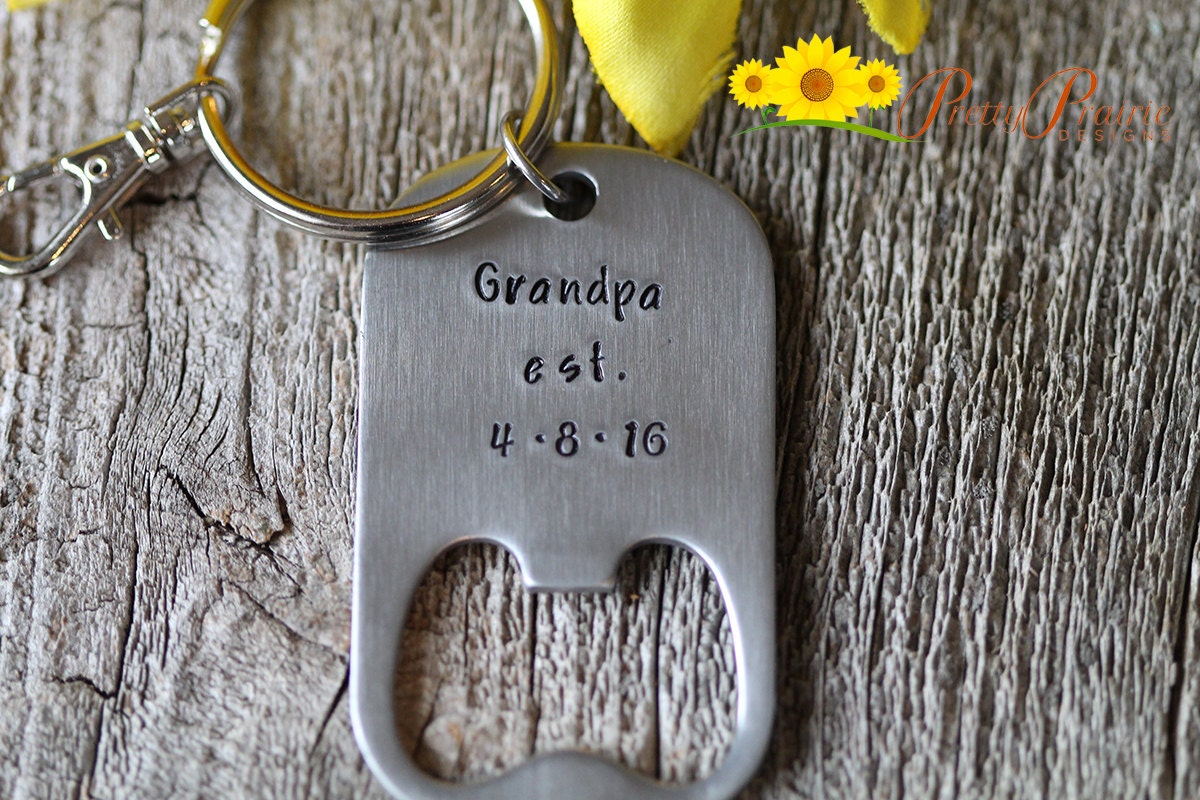 Grandpa Est. Bottle Opener, Birthday Gift for Grandpa, New Baby Reveal, Hand Stamped, Stainless Steel Beer Opener, Grandpa to Be Gift, Dated