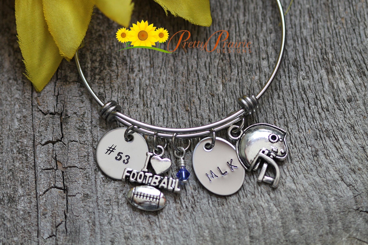 Initial Football Bangle, Football Mom Gift, Football Girlfriend, Sports Jewelry, Custom Charm Bangle, Football Bracelet, Personalized Gift