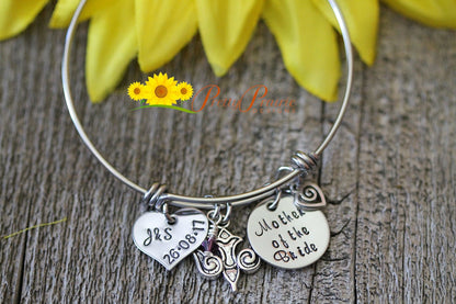 Hand Stamped Stainless Charm Bracelet - Mother of the Bride - Wedding Bracelet - Great Mother's Wedding Gift - Bangle Bracelet Present