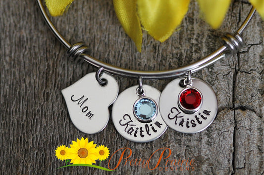Mother's Personalized Birthstone Bangle, Hand Stamped, Stainless Steel, Name Bracelet, Mothers Jewelry, Kid's Name Bangle Bracelet