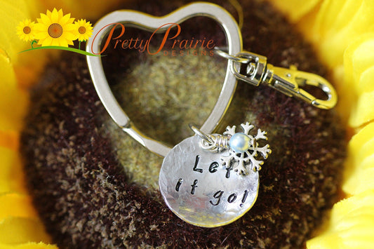 Let it Go Keychain, Skiers Gift, Break-up Gift, Heart Keyring, Sweet 16, New Driver Gift, Hand Stamped, Snowflake Charm, Hand Wrapped Pearl