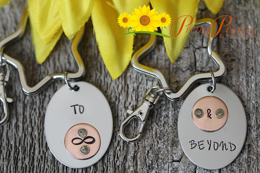 To Infinity and Beyond Keychain or Backpack Tag, BFF Keychains, Hand Stamped, Engagement, Anniversary, Gift for Child, Mixed Metal