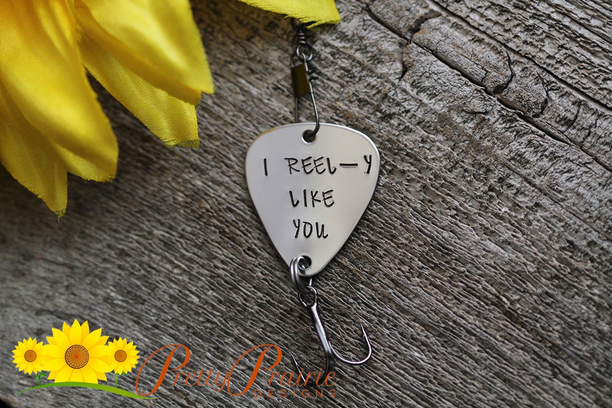 I Reel-y Like You Fishing Lure, Custom Fishing Hook, Hand Stamped Gift for Angler, Husband, Fisherman Gift, Valentine, Engagement Gift