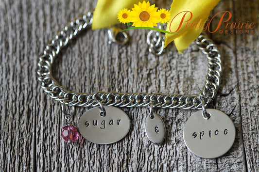 Sugar & Spice Stainless Steel Bracelet, Daughter Gift, Mother of Girls Gift, Hand Stamped, New Baby Gift, Birthstone, Twin Girls Bracelet