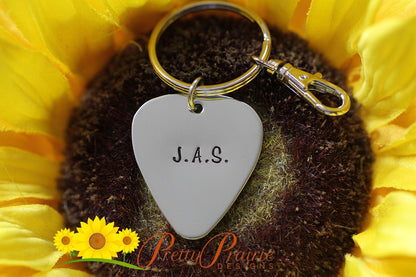 Initial Guitar Pick Keychain, Gift for Guitar or Music Lover, Present for Musician, Gift for Him or Her, Personalized Keychain, Hand Stamped