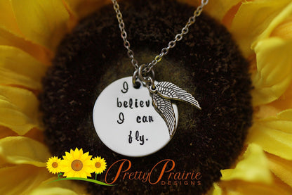 I Believe I Can Fly Necklace, Inspirational Jewelry, Hand Stamped, Custom Jewelry, Angel Wing Necklace, Birthday Necklace, Graduation Gift