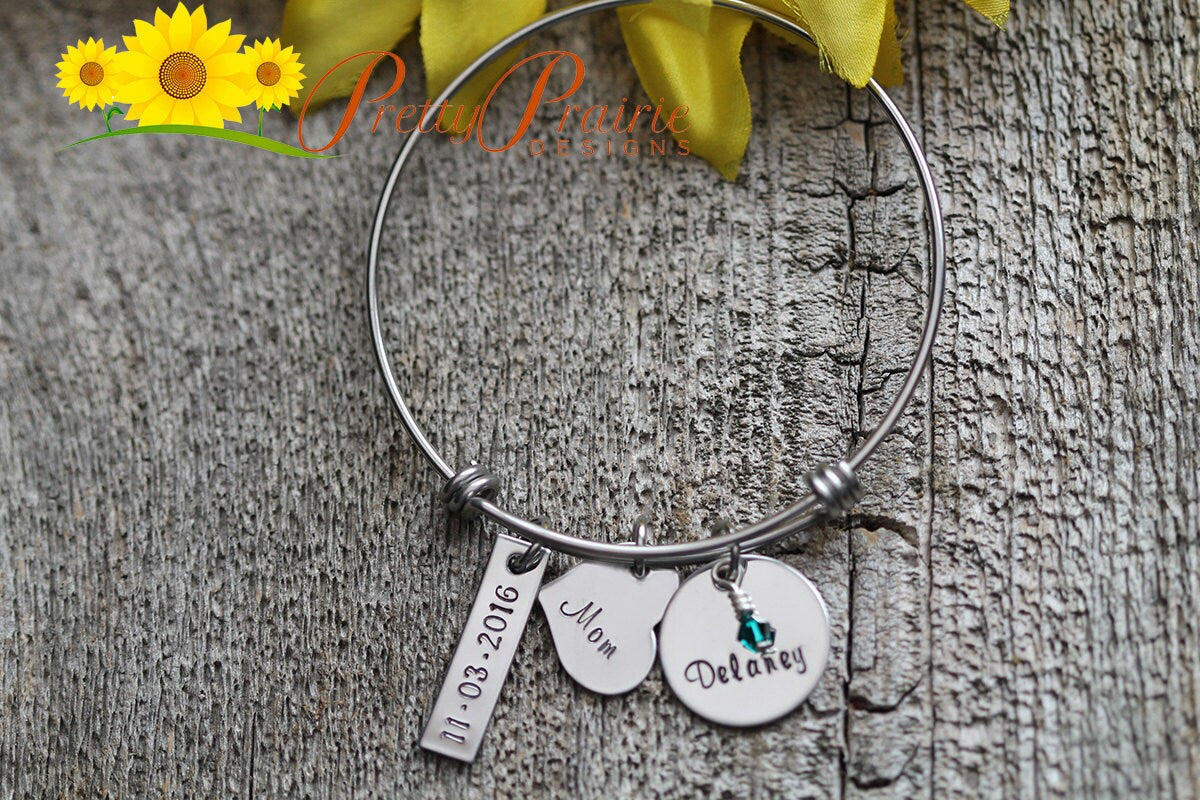 New Mom Bangle, Children's Name Bracelet, Mothers Bracelet, Personalized, New Baby Jewelry, Gotcha Day Gift, Adoption Gift, Hand Stamped