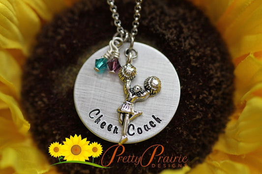 Cheer Coach Necklace,  Gift from Cheer Squad, Cheer Coach Keychain, Hand Stamped, Cheer Gift, End of Cheer Season Gift, Cheerleader Jewelry
