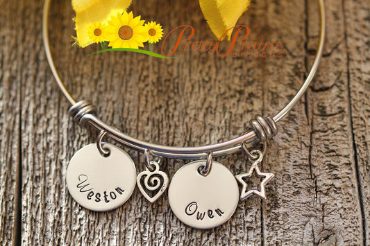 Heart and Star Charm Bracelet, Hand Stamped Bracelet, Personalized Bangle, Engagement, Wedding Gift, Mom or Grandma Gift, Girlfriend Present