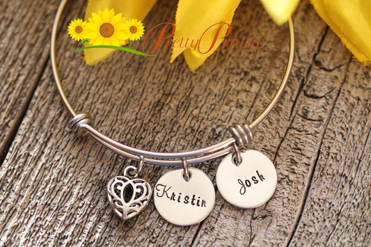 Filigree Heart Personalized Bangle, Adjustable, Hand Stamped, Name Bracelet. Present for Girlfriend, Valentine Gift, Anniversary Present